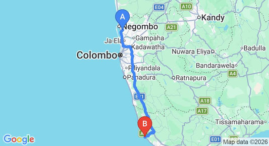 Driving route map: Colombo Airport (CMB) to Citrus Hikkaduwa, Hikkaduwa (144 km, approx 2 h 9 min private transfer)