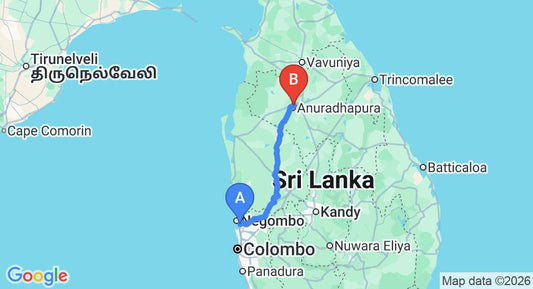 Driving route map: Colombo Airport (CMB) to Hotel Shalini, Anuradhapura (176 km, approx 3 h 48 min private transfer)