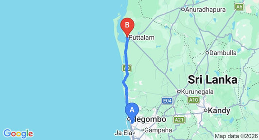 Driving route map: Colombo Airport (CMB) to Senathilaka Guest Inn and Restaurant, Puttalam (105 km, approx 2 h 36 min private transfer)