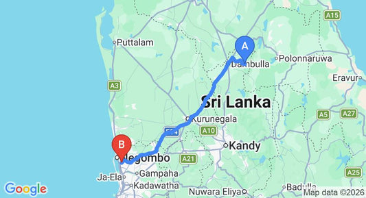 Driving route map: Giraagama to Colombo Airport (CMB) (150 km, approx 3 h 20 min private transfer)