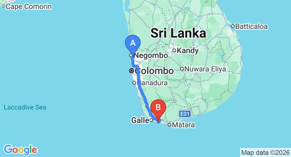 Driving route map: Colombo Airport (CMB) to Kimbulagala Watte Villa, Koggala (164 km, approx 2 h 20 min private transfer)
