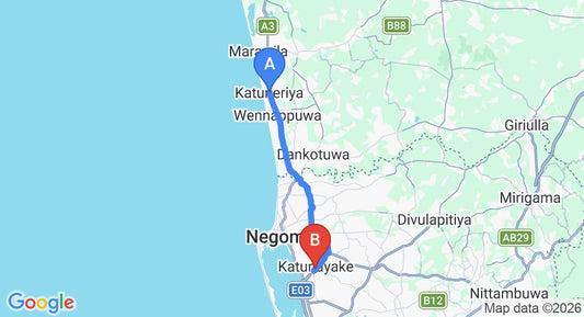Driving route map: Katuneriya to Colombo Airport (CMB) (28 km, approx 52 min private transfer)