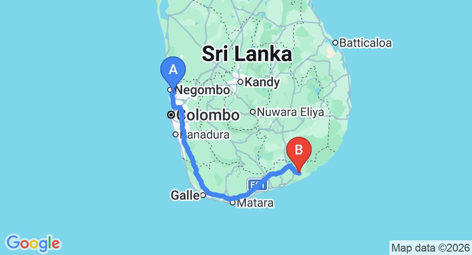 Driving route map: Colombo Airport (CMB) to Cinnamon Palace, Tissamaharama (279 km, approx 3 h 43 min private transfer)