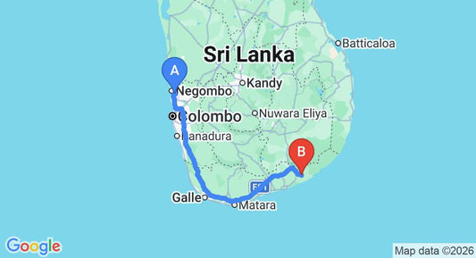 Driving route map: Colombo Airport (CMB) to Neem Villas, Tissamaharama (279 km, approx 3 h 43 min private transfer)