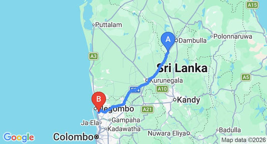 Driving route map: Galewela to Colombo Airport (CMB) (113 km, approx 2 h 25 min private transfer)