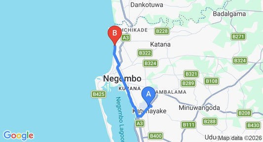 Driving route map: Colombo Airport (CMB) to Goldi Sands Hotel, Negombo (14 km, approx 33 min private transfer)