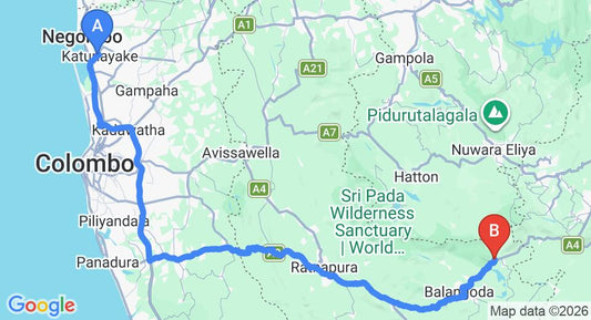 Driving route map: Colombo Airport (CMB) to Belihuloya Rest House, Belihuloya (178 km, approx 4 h 6 min private transfer)