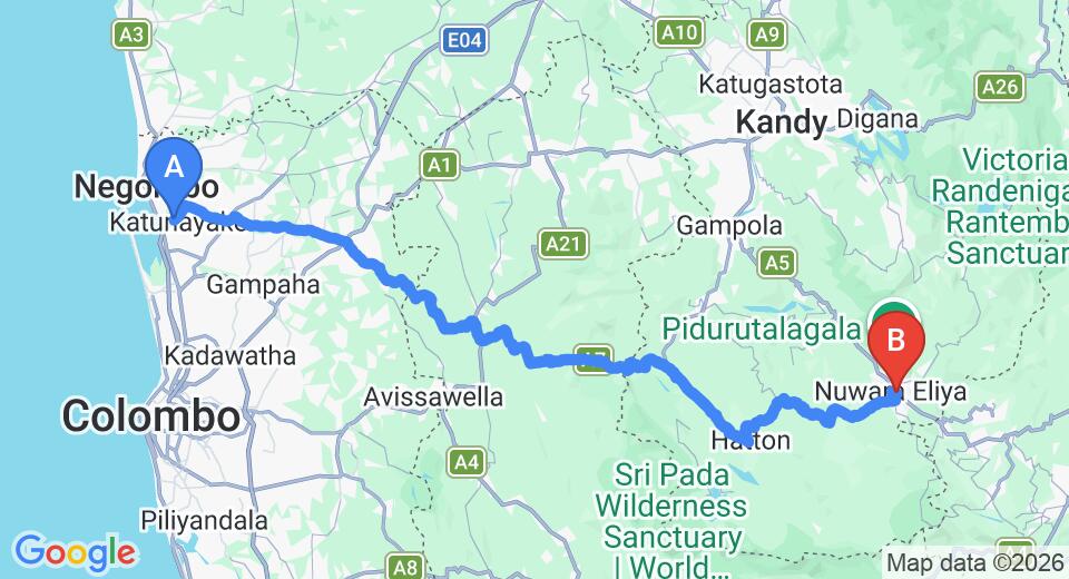 Driving route map: Colombo Airport (CMB) to Hill Rise, Nuwara Eliya (153 km, approx 4 h 42 min private transfer)