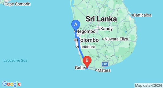 Driving route map: Colombo Airport (CMB) to Black Beauty Guesthouse, Unawatuna (153 km, approx 2 h 8 min private transfer)
