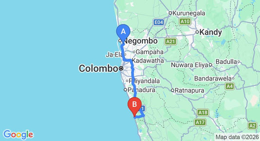 Driving route map: Colombo Airport (CMB) to Villa Red, Aluthgama (106 km, approx 1 h 38 min private transfer)