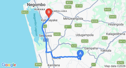 Driving route map: Ganemulla to Colombo Airport (CMB) (24 km, approx 39 min private transfer)