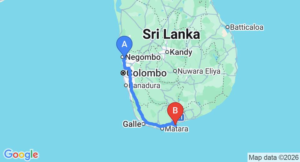 Driving route map: Colombo Airport (CMB) to Palm Paradise Cabanas, Tangalle (212 km, approx 2 h 54 min private transfer)