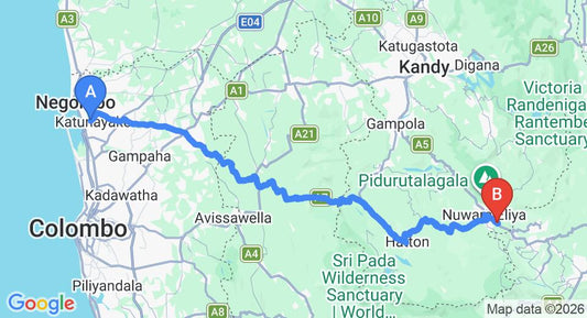 Driving route map: Colombo Airport (CMB) to Edelweiss Country Home, Nuwara Eliya (157 km, approx 4 h 51 min private transfer)