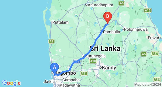 Driving route map: Colombo Airport (CMB) to Sigiri Oya Cottage, Sigiriya (148 km, approx 3 h 15 min private transfer)