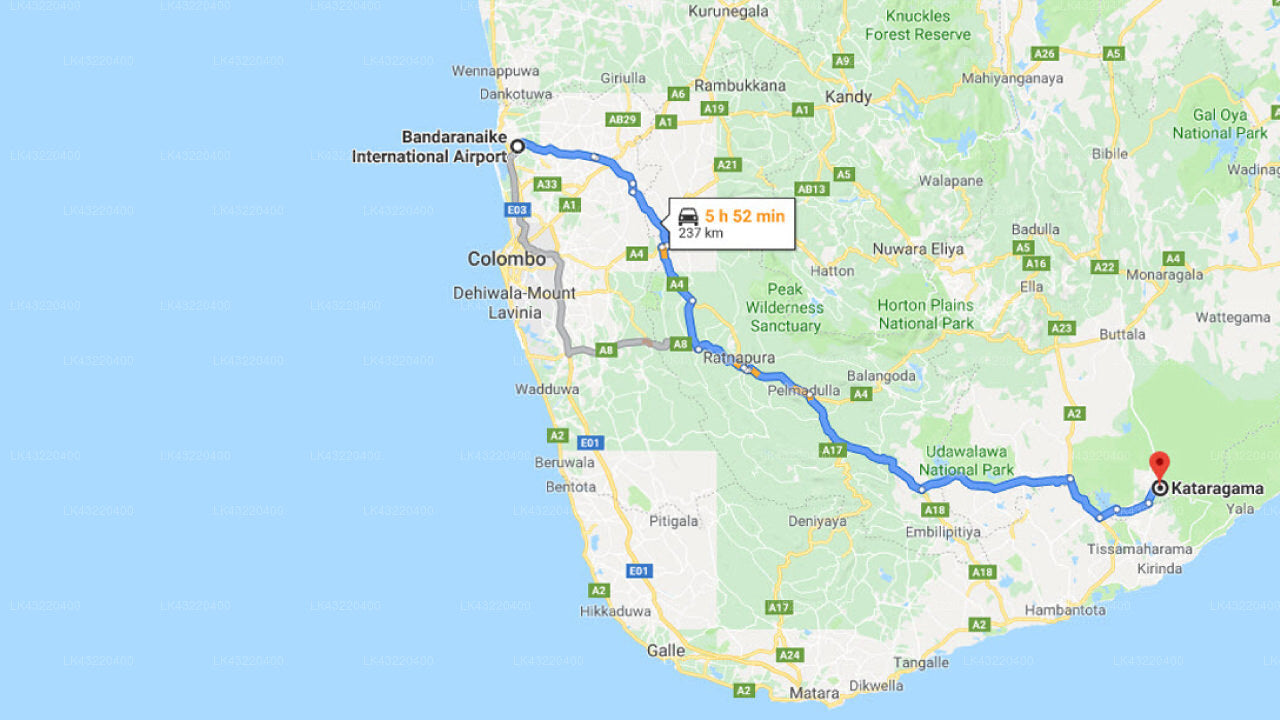 Transfer between Colombo (CMB) Airport and The Grand Tamarind Lake, Kataragama