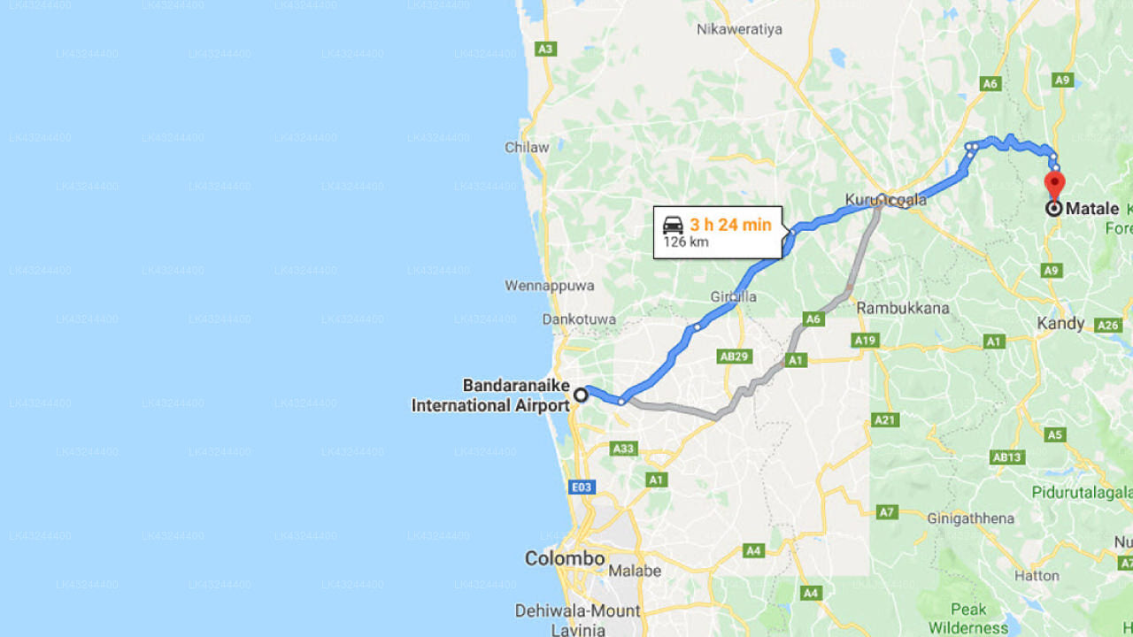 Transfer between Colombo Airport (CMB) and Riverston Holliday Home Stay, Matale