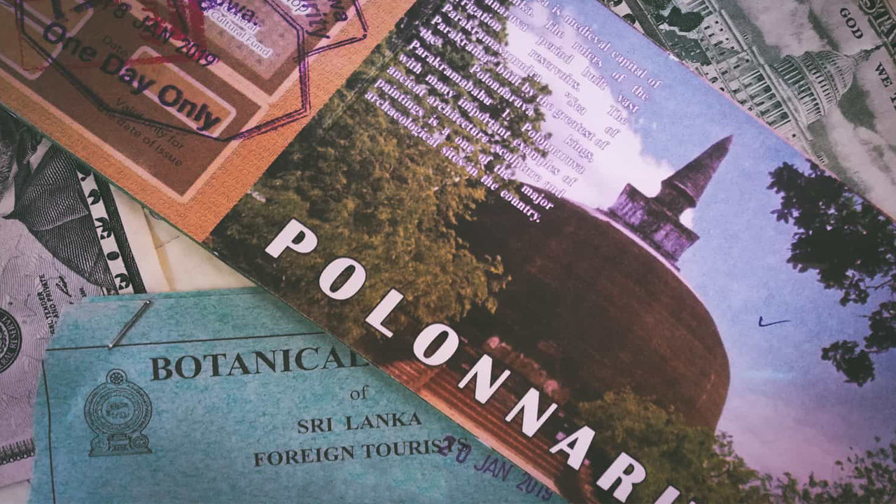 A close-up view of entrance tickets for Polonnaruwa Ancient City with a blurred background.